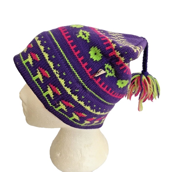 Aardvark Hat Beanie Toque Purple Green 100% Wool Nordic Style Ski Vintage - Picture 2 of 8